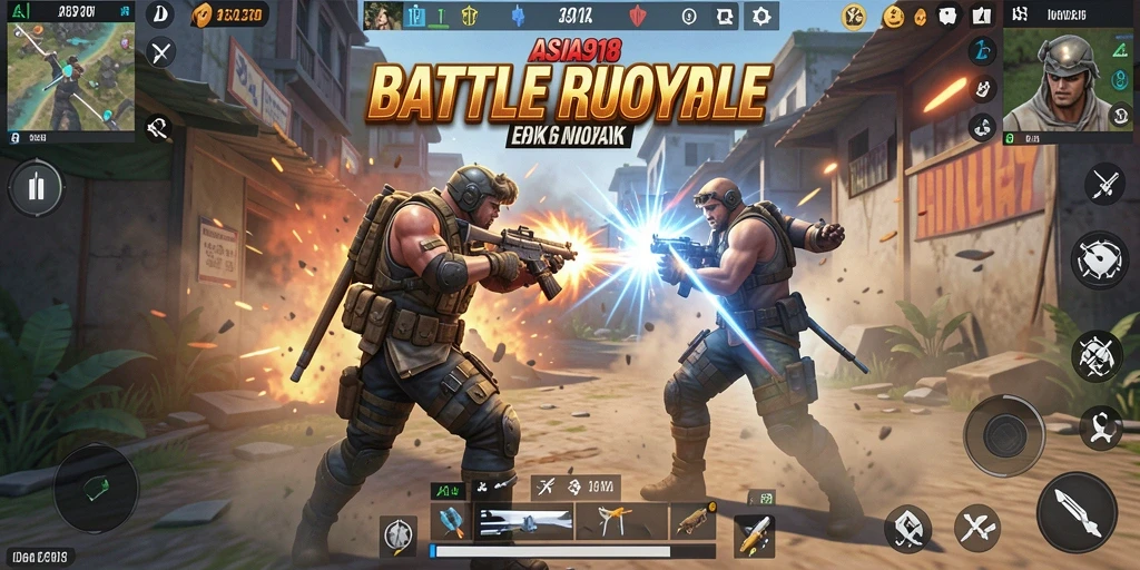 Tangkapan layar utama <strong>ASIA918</strong> menunjukkan aksi pertarungan sengit dalam Battle Royale.