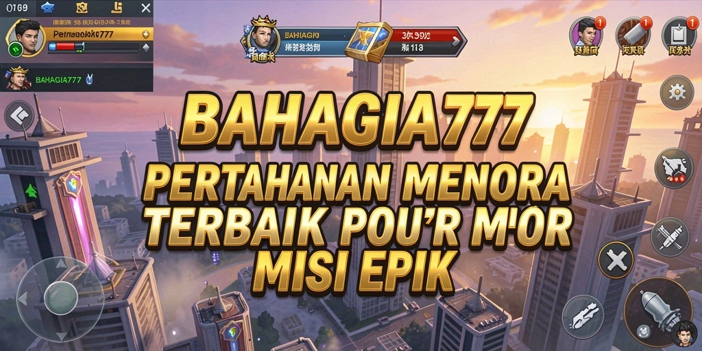 Tampilan gameplay BAHAGIA777 menunjukkan serangan menara melawan gelombang musuh yang datang.