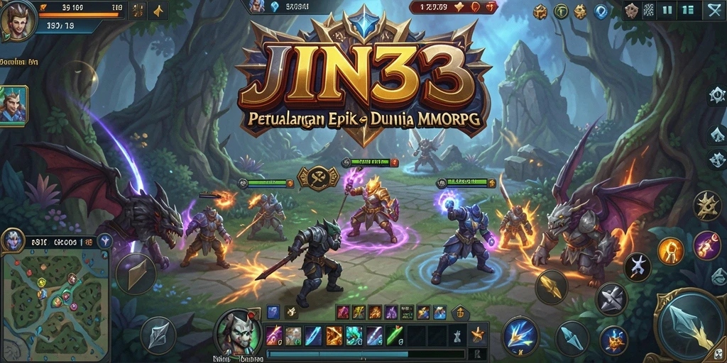 Screenshot gameplay epik dari JIN33 MMORPG yang menampilkan pertarungan seru.