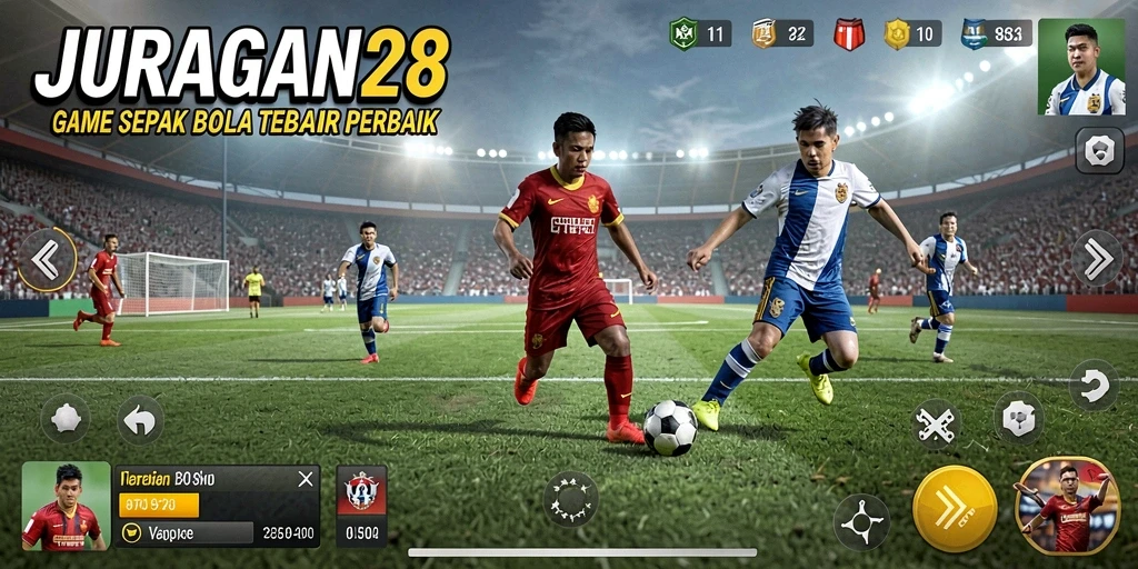 Screenshot utama JURAGAN28 menampilkan aksi sepak bola yang menegangkan.