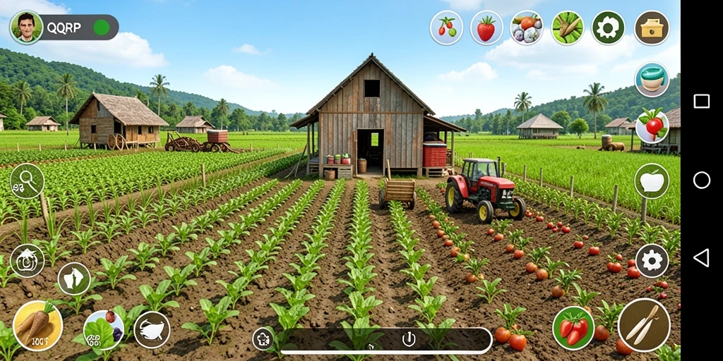 Screenshot menampilkan pemain mengelola kebun dalam QQRP dengan berbagai tanaman.