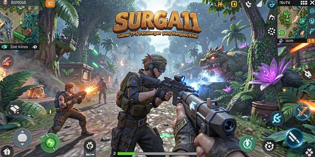 Screenshot SURGA11 menampilkan aksi tembak-menembak yang intens di lingkungan yang dinamis.