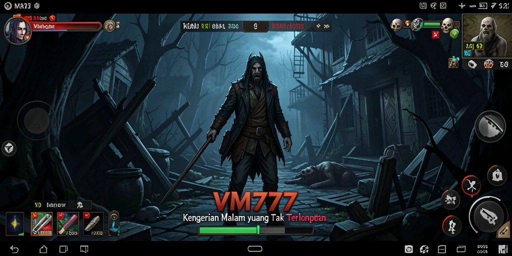Screenshot gameplay VM777 menampilkan suasana menegangkan dan kegelapan yang misterius.